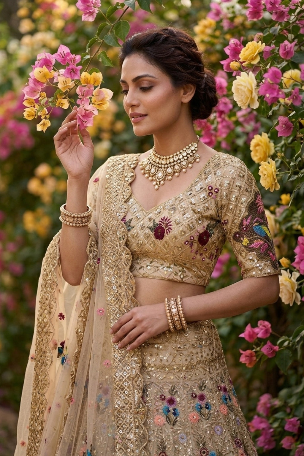 Semi-Stitched Champagne Gold Floral Embroidered Sequins Lehenga