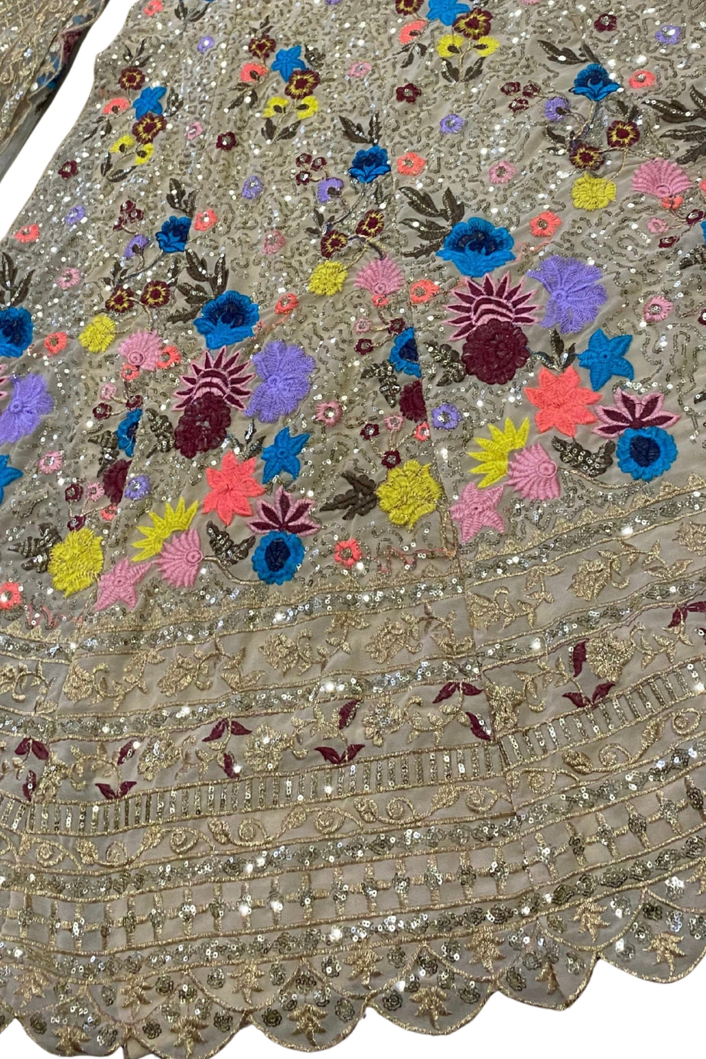 Semi-Stitched Champagne Gold Floral Embroidered Sequins Lehenga