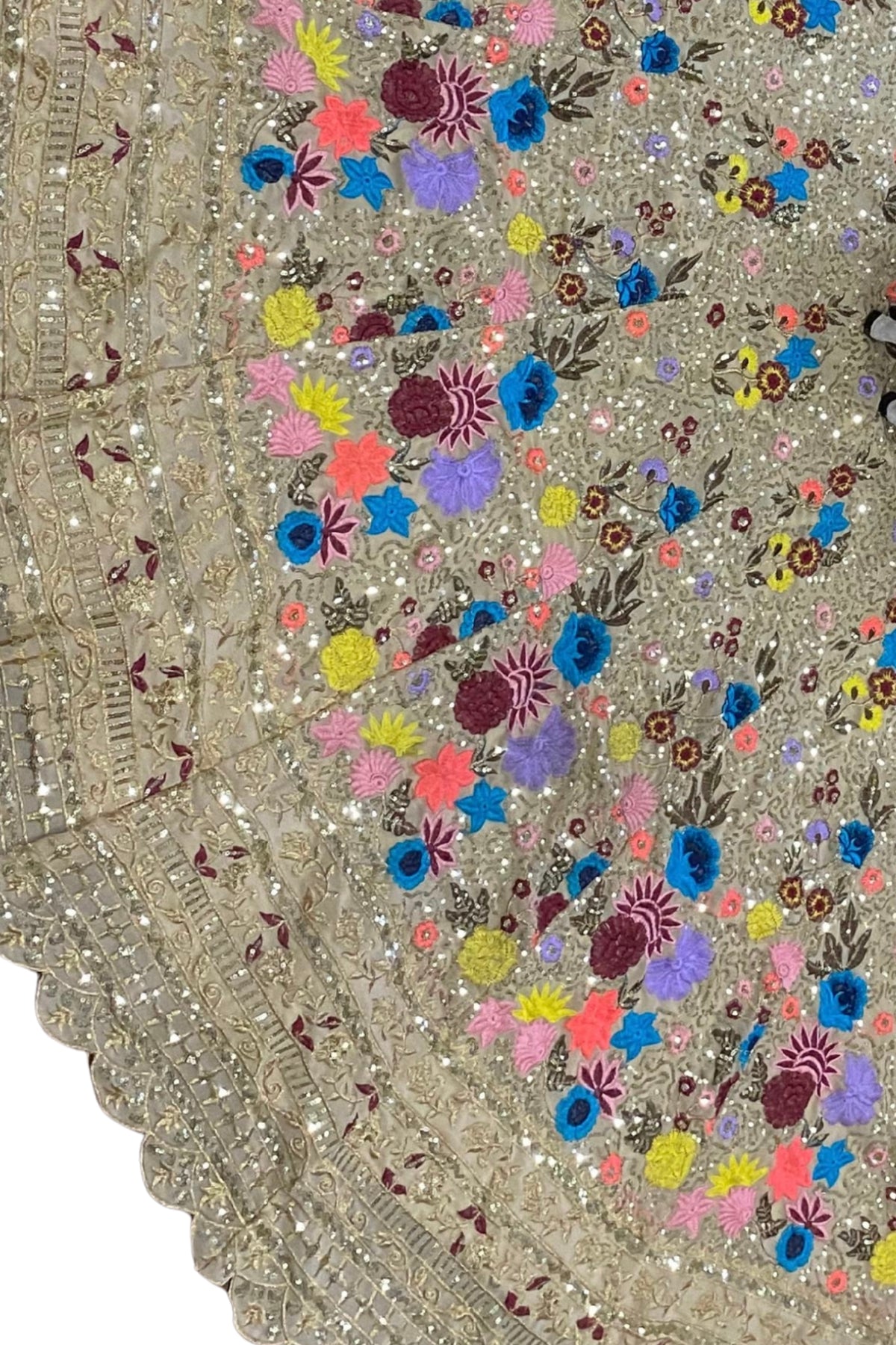Semi-Stitched Champagne Gold Floral Embroidered Sequins Lehenga