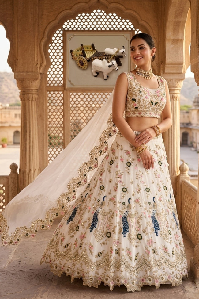 Semi-Stitched Fox Georgette Sequins Embroidered Cutwork Lehenga Hover Image