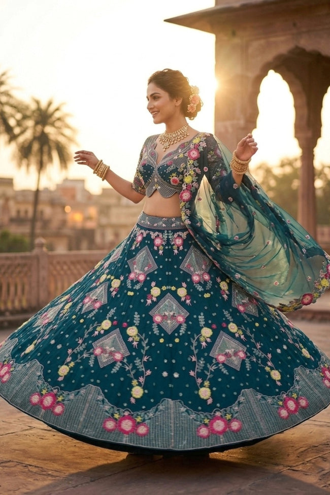 Semi-Stitched Butterfly Net Sequins Embroidered Lehenga Set with Dupatta Main Image