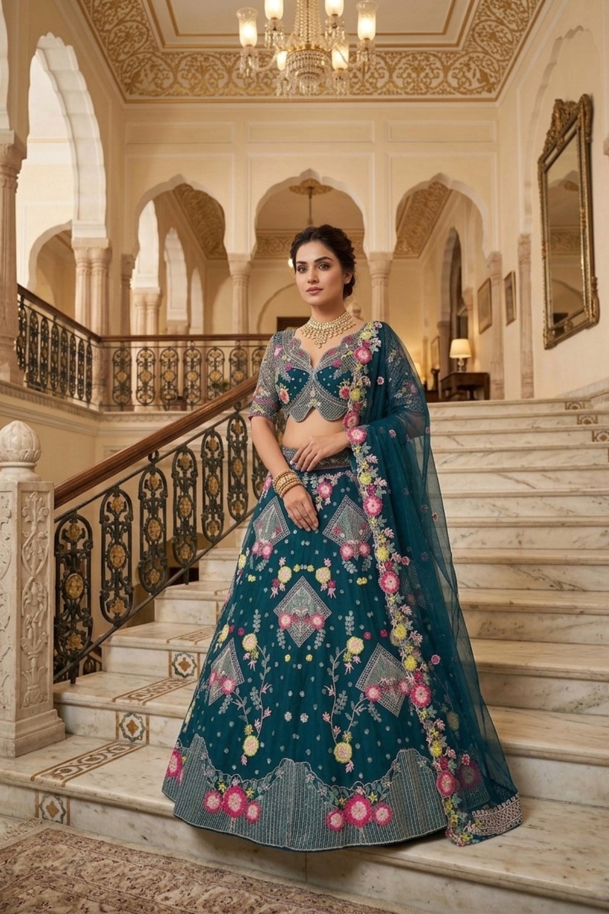 Semi-Stitched Butterfly Net Sequins Embroidered Lehenga Set with Dupatta