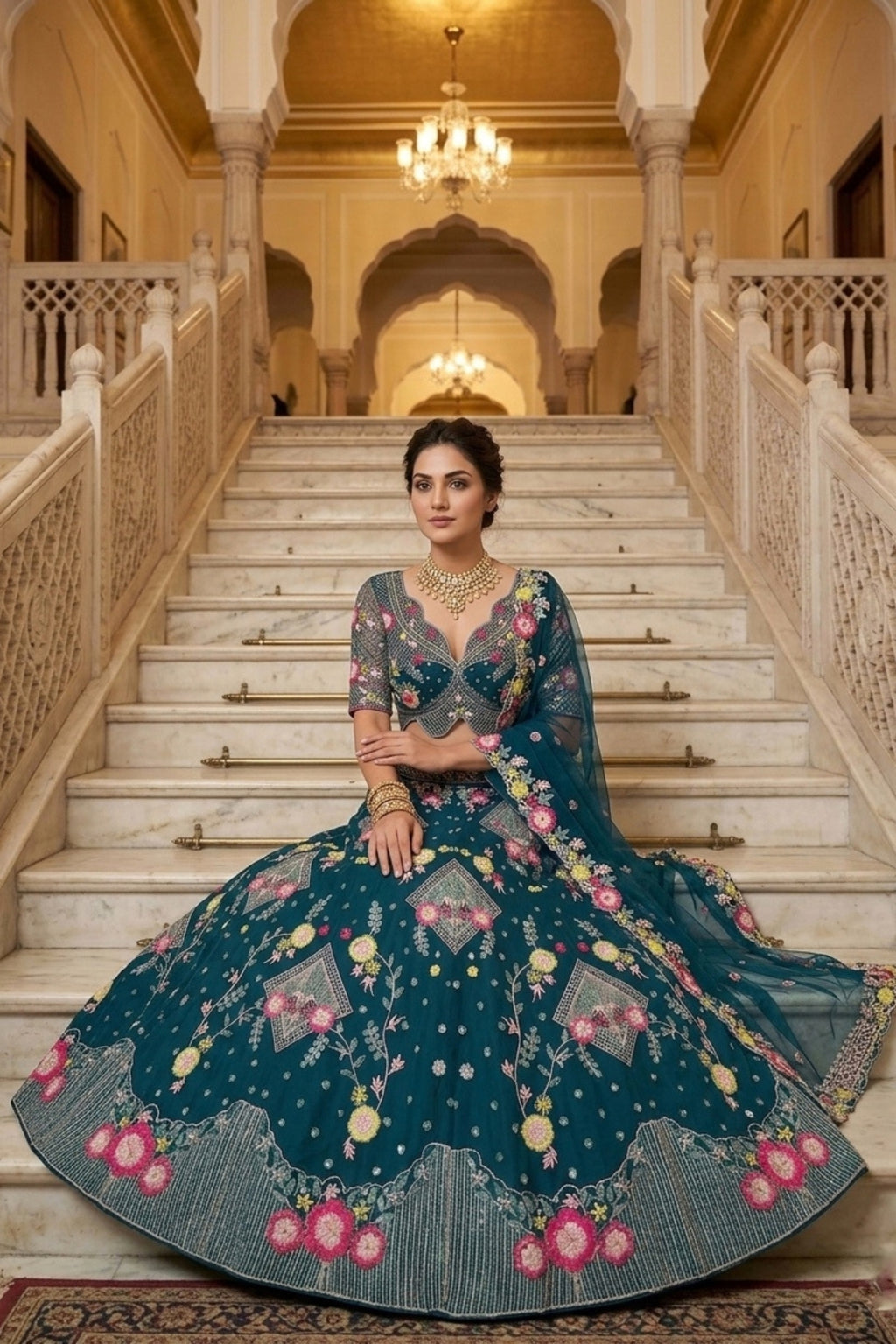 Semi-Stitched Butterfly Net Sequins Embroidered Lehenga Set with Dupatta