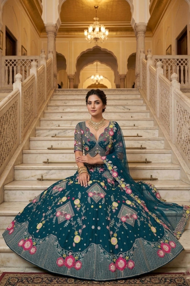 Semi-Stitched Butterfly Net Sequins Embroidered Lehenga Set with Dupatta Hover Image