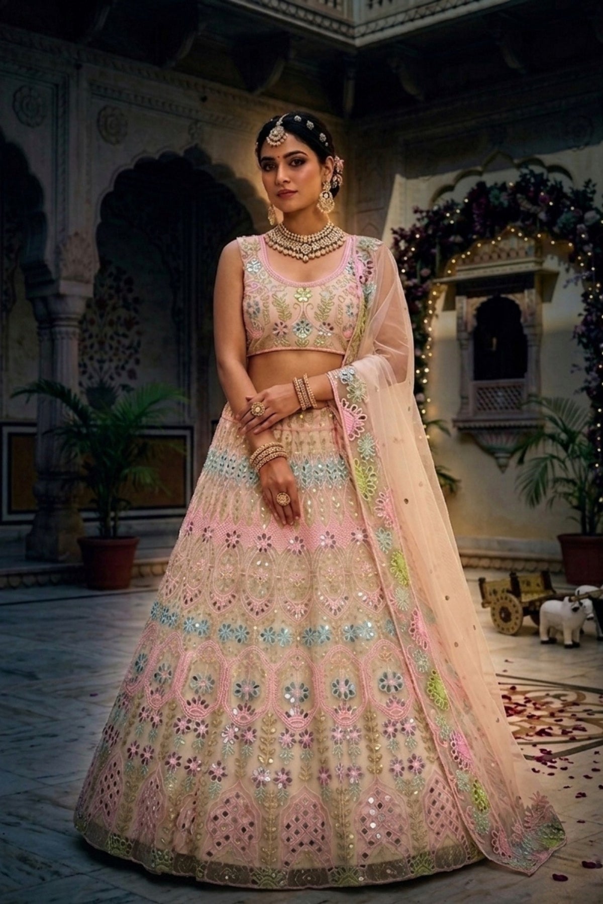 Semi-Stitched Soft Butterfly Net Real Mirror & Sequins Embroidered Lehenga