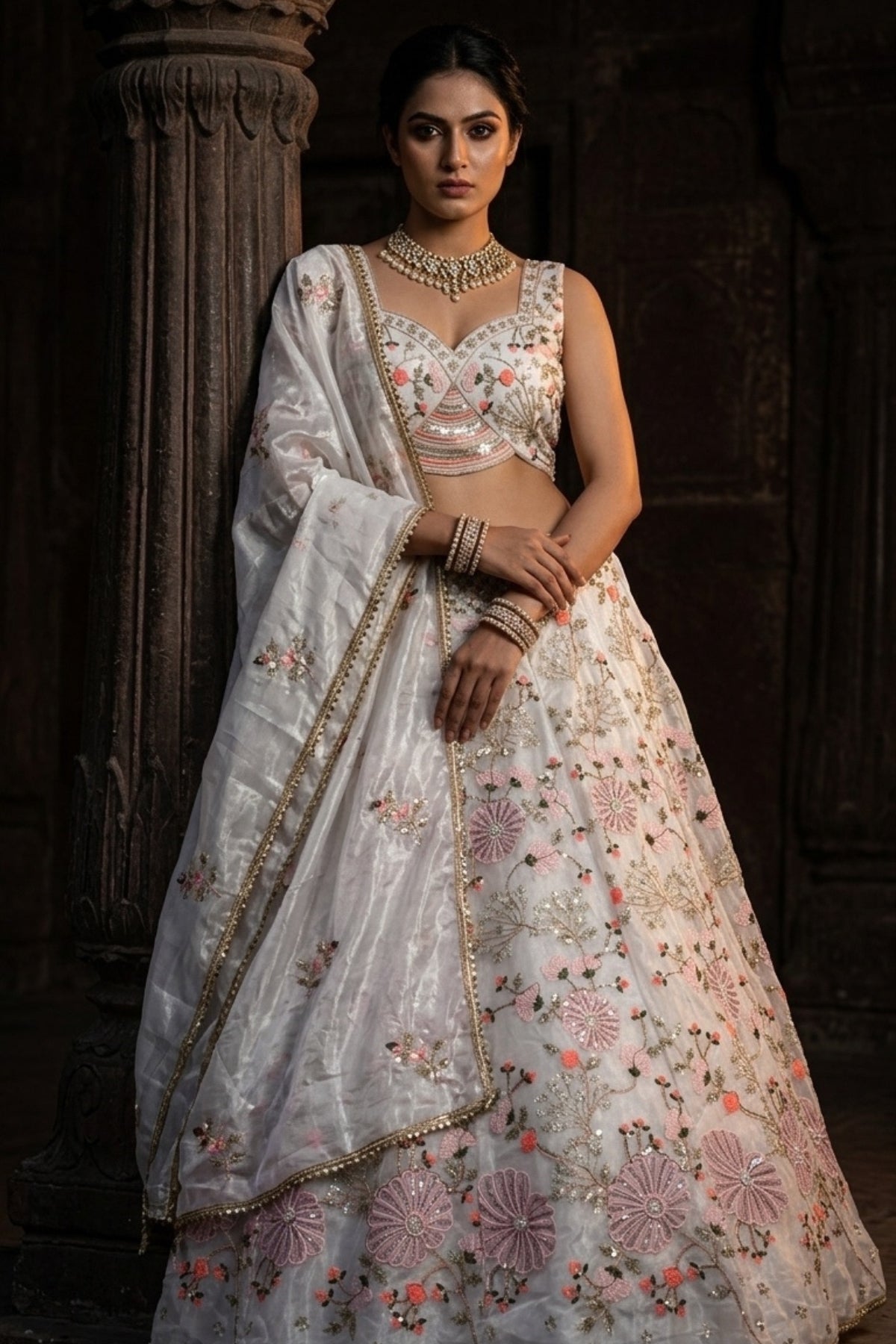 Ivory Tabby Silk Pearl Embroidered Lehenga Set
