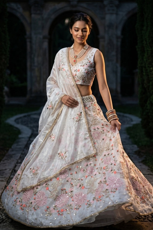 Ivory Tabby Silk Pearl Embroidered Lehenga Set Main Image