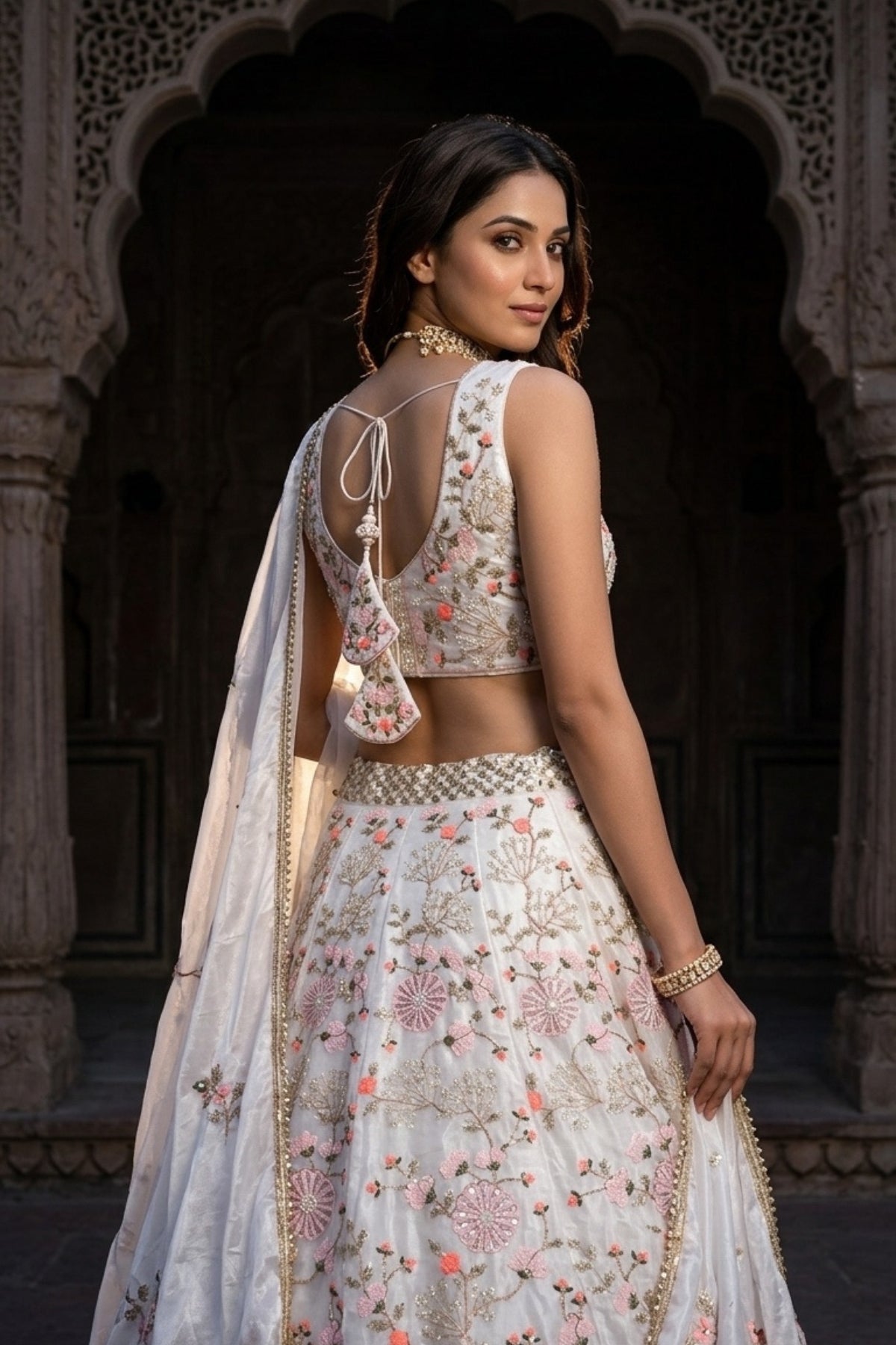 Ivory Tabby Silk Pearl Embroidered Lehenga Set
