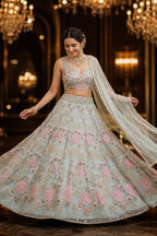 Green Tabby Silk Pearl Embroidered Lehenga Set