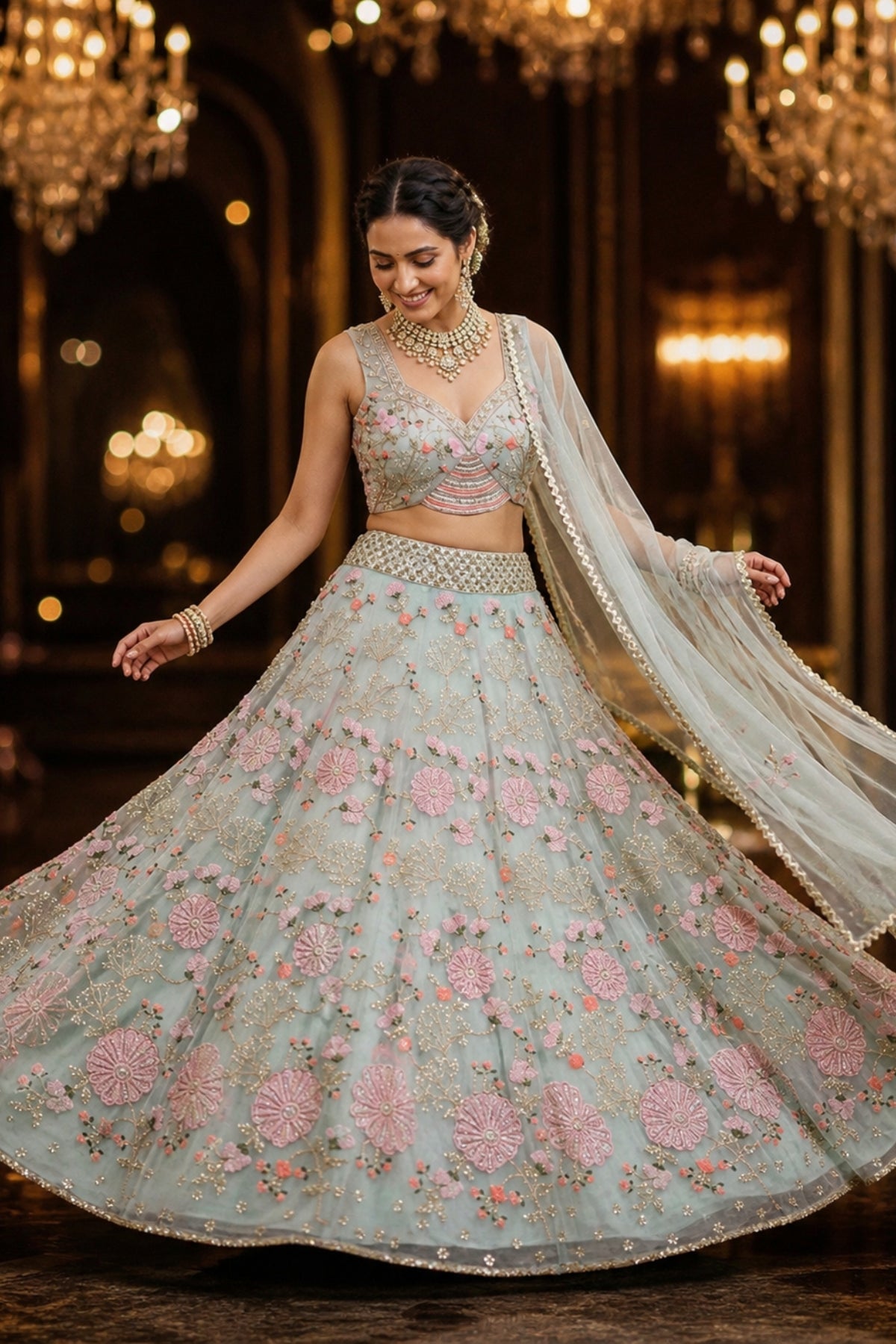 Green Tabby Silk Pearl Embroidered Lehenga Set