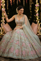 Green Tabby Silk Pearl Embroidered Lehenga Set