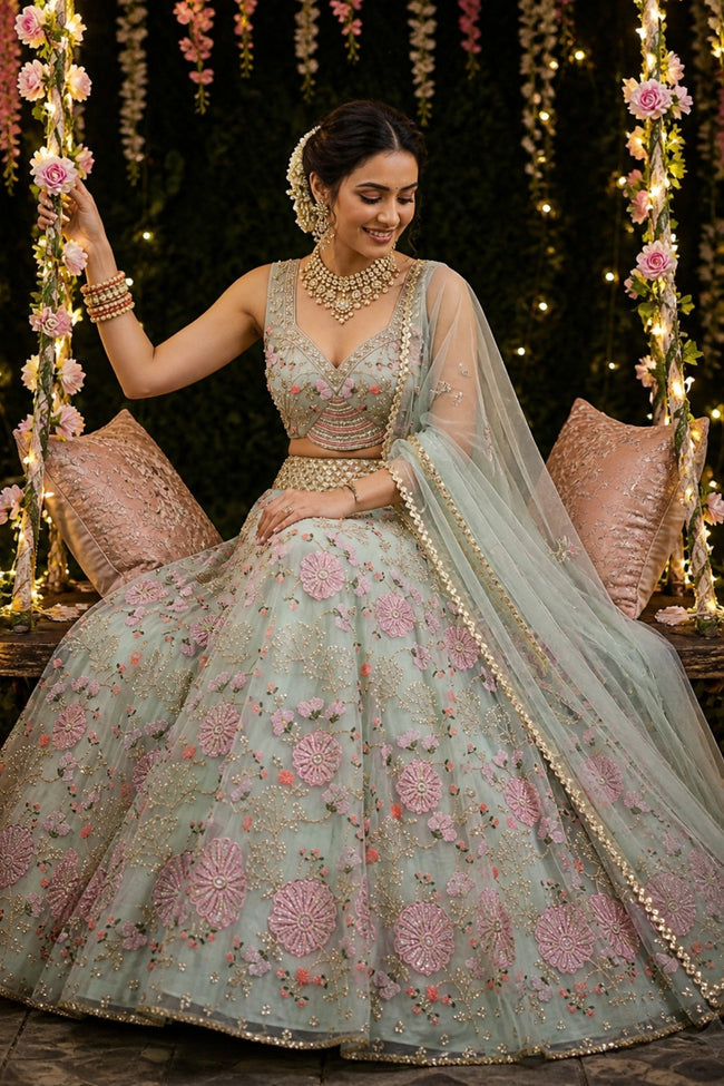 Green Tabby Silk Pearl Embroidered Lehenga Set Hover Image