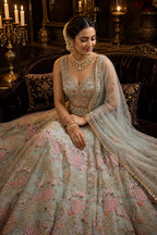 Green Tabby Silk Pearl Embroidered Lehenga Set
