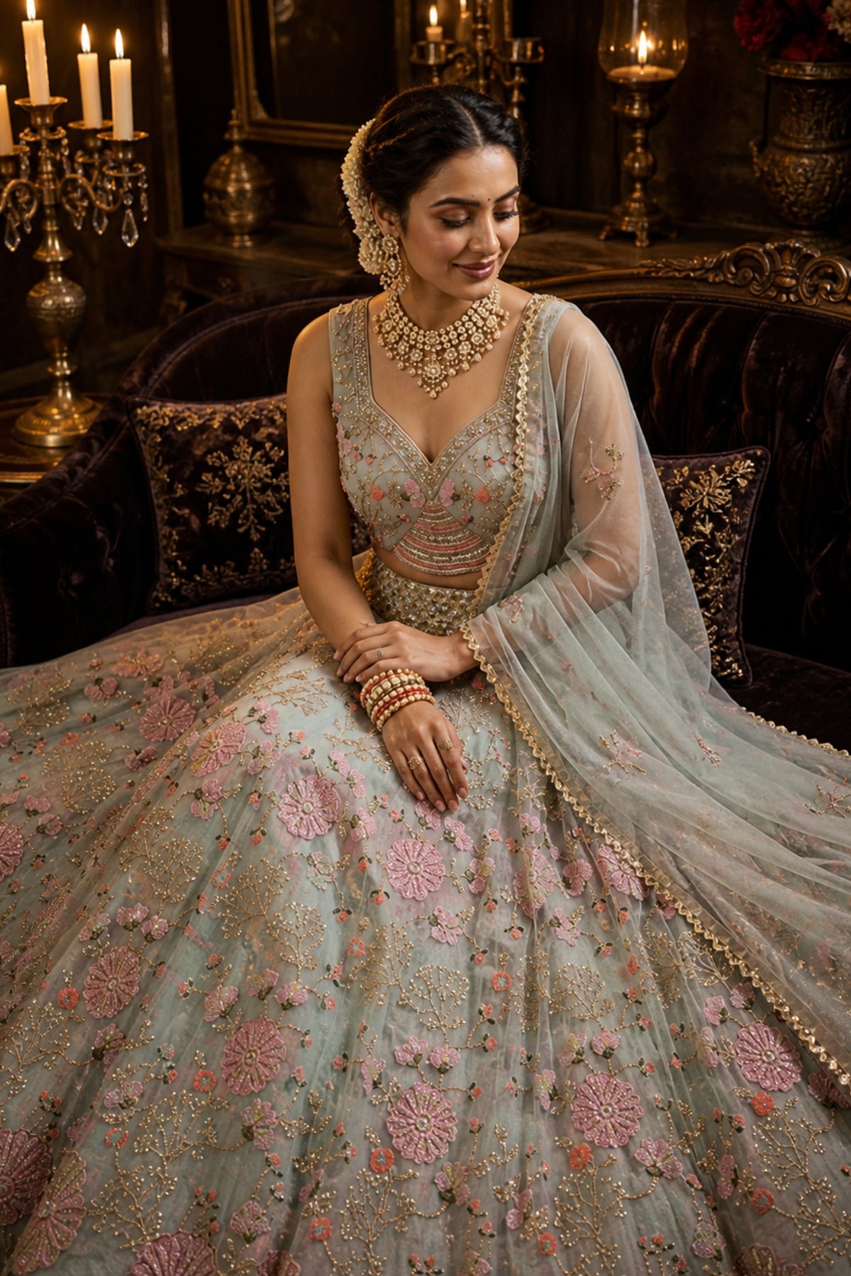 Green Tabby Silk Pearl Embroidered Lehenga Set