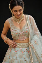 Green Tabby Silk Pearl Embroidered Lehenga Set