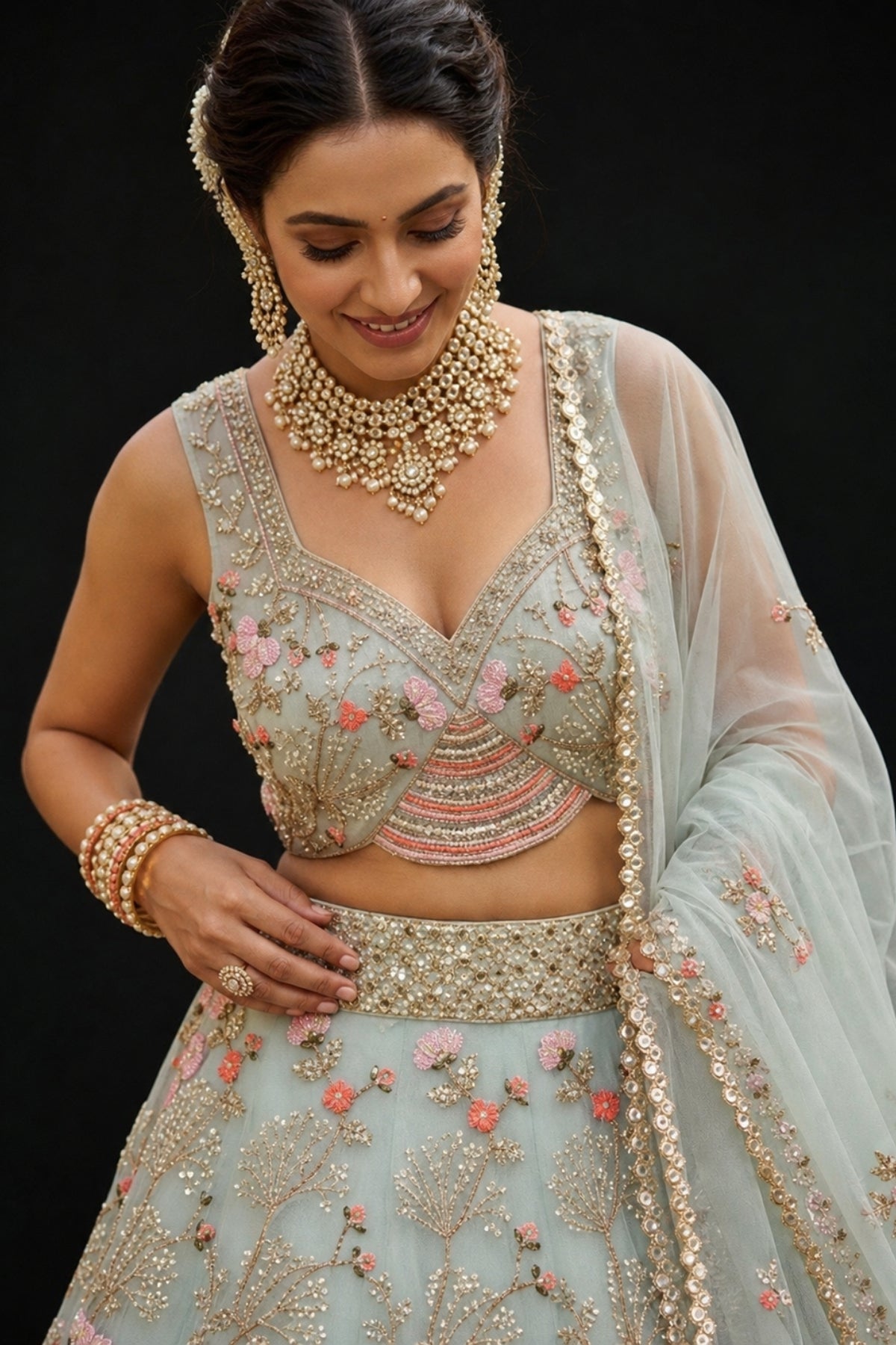 Green Tabby Silk Pearl Embroidered Lehenga Set