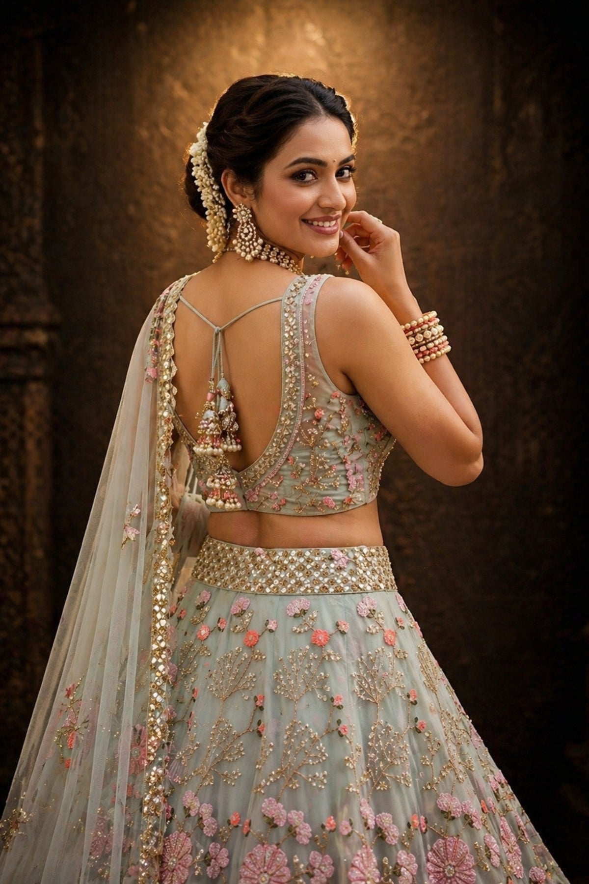 Green Tabby Silk Pearl Embroidered Lehenga Set
