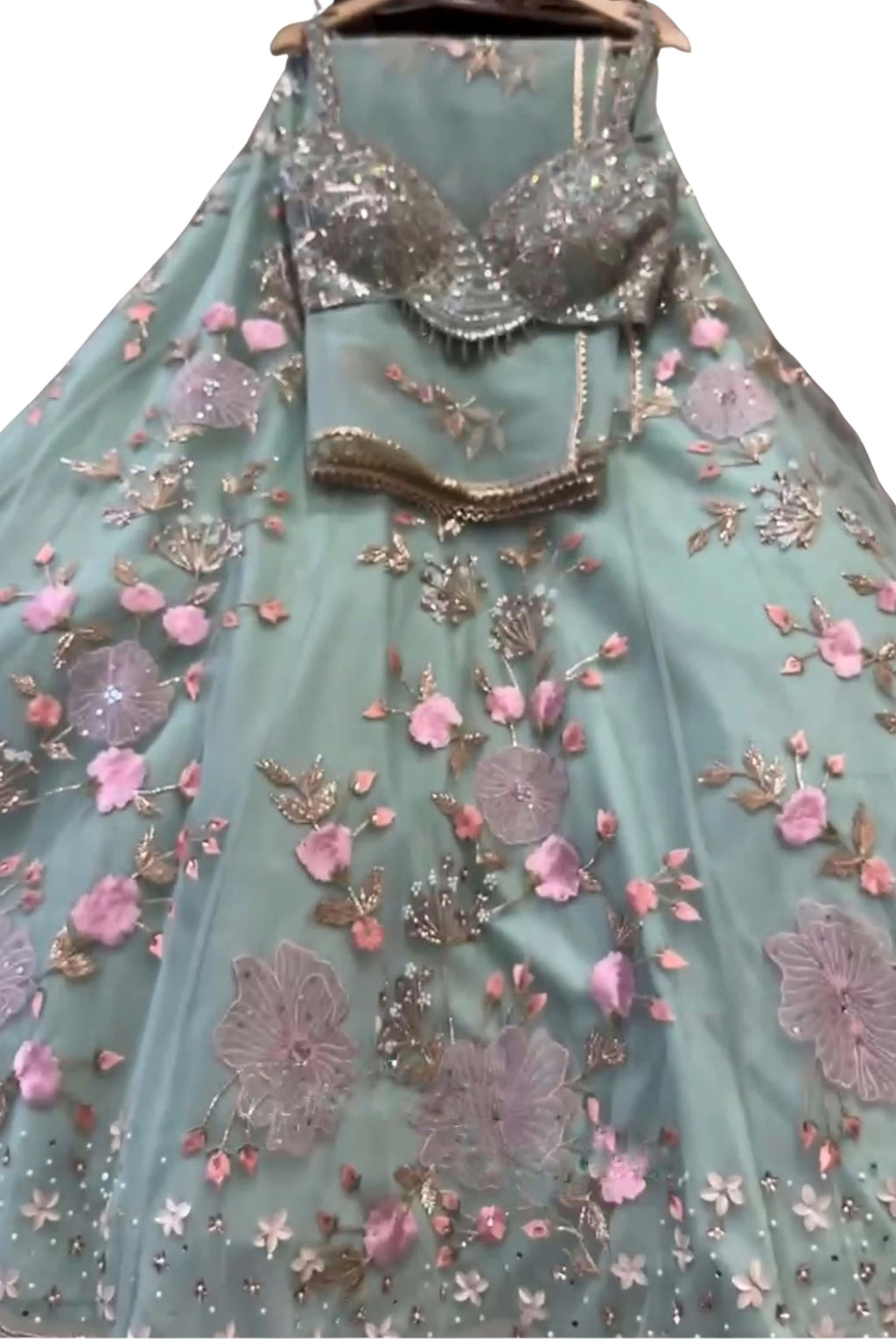Green Tabby Silk Pearl Embroidered Lehenga Set
