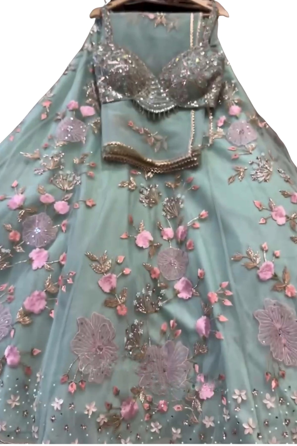 Green Tabby Silk Pearl Embroidered Lehenga Set
