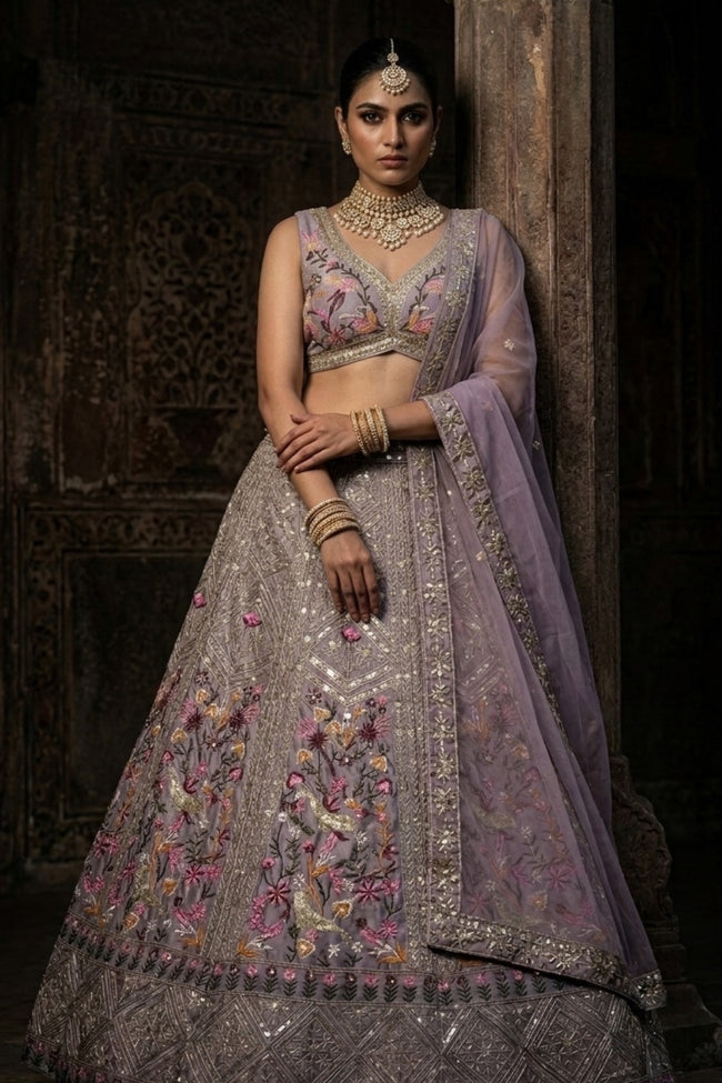 Lavender Satin Silk Sequins Embroidered Lehenga Set Main Image