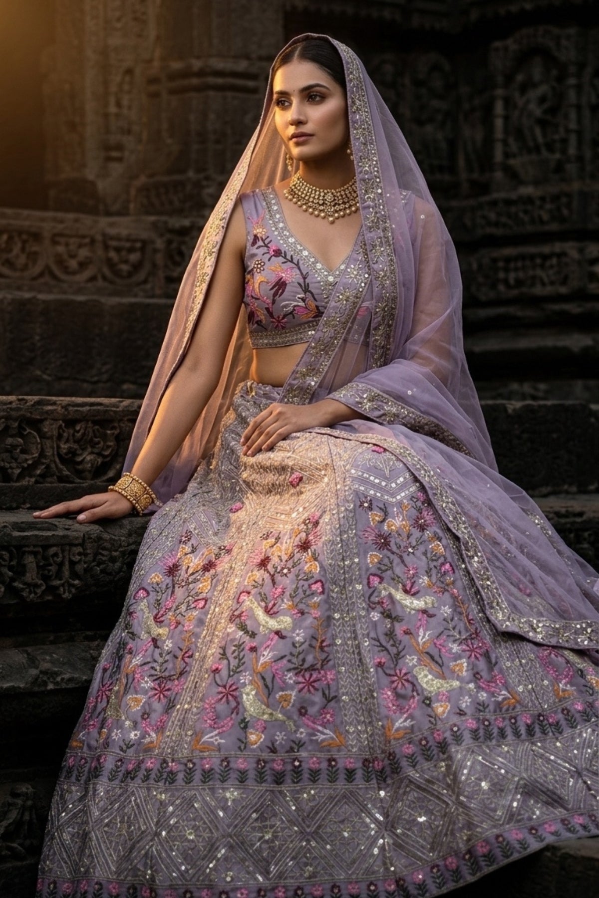Lavender Satin Silk Sequins Embroidered Lehenga Set