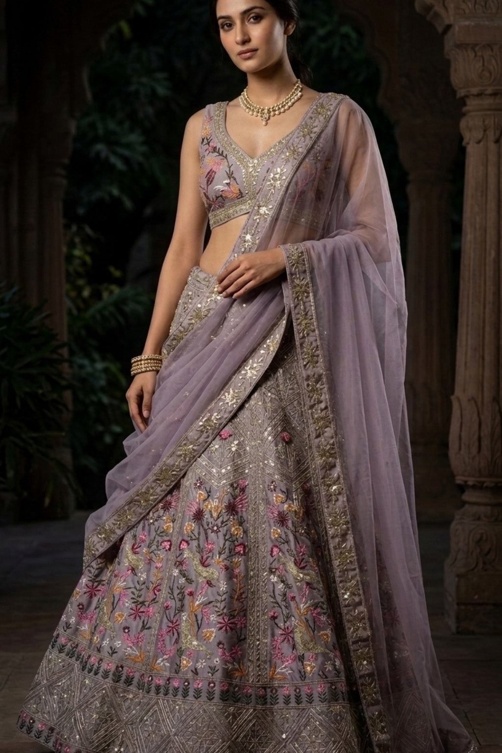 Lavender Satin Silk Sequins Embroidered Lehenga Set