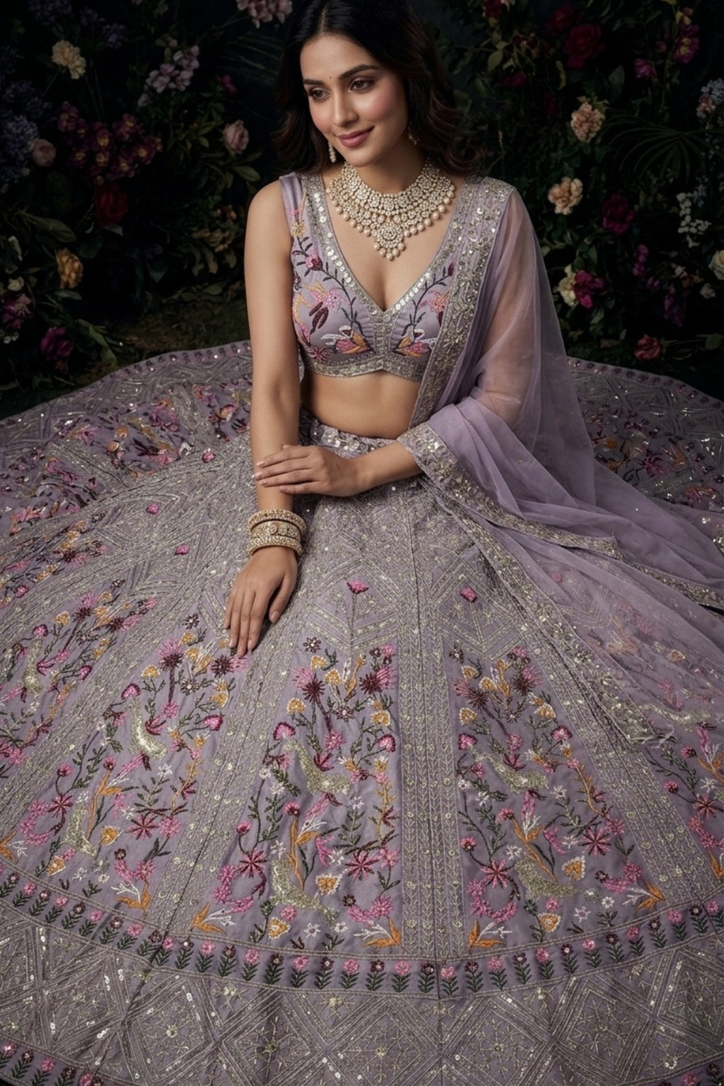 Lavender Satin Silk Sequins Embroidered Lehenga Set