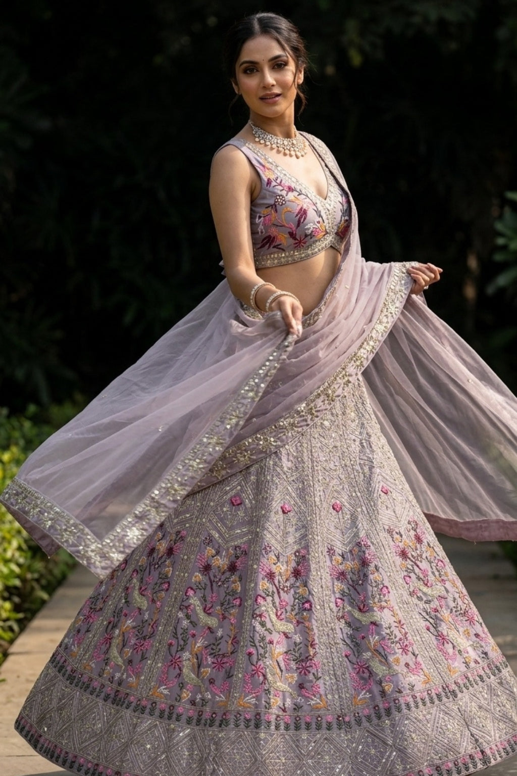Lavender Satin Silk Sequins Embroidered Lehenga Set