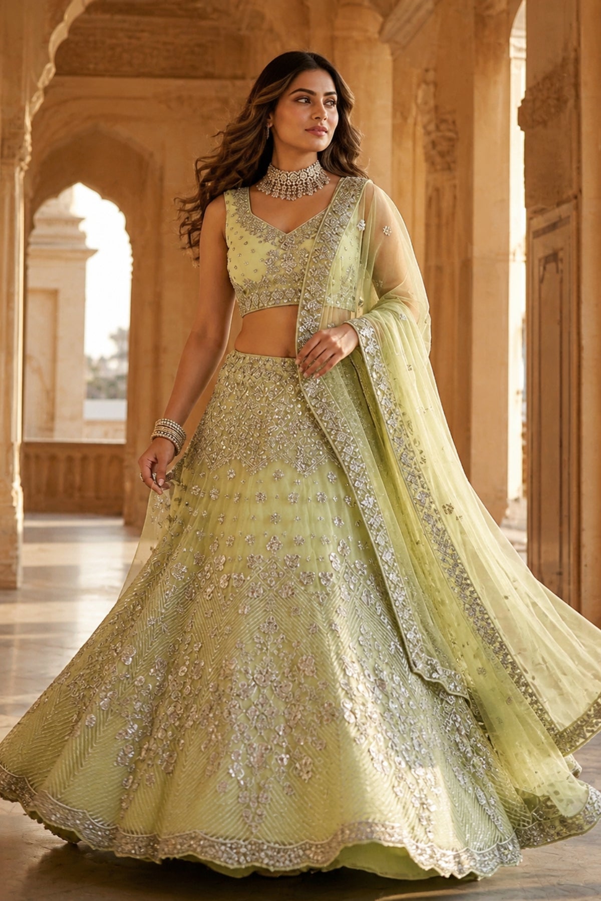 Semi-Stitched Butterfly Net Foil Mirror & Sequins Embroidered Lehenga Set