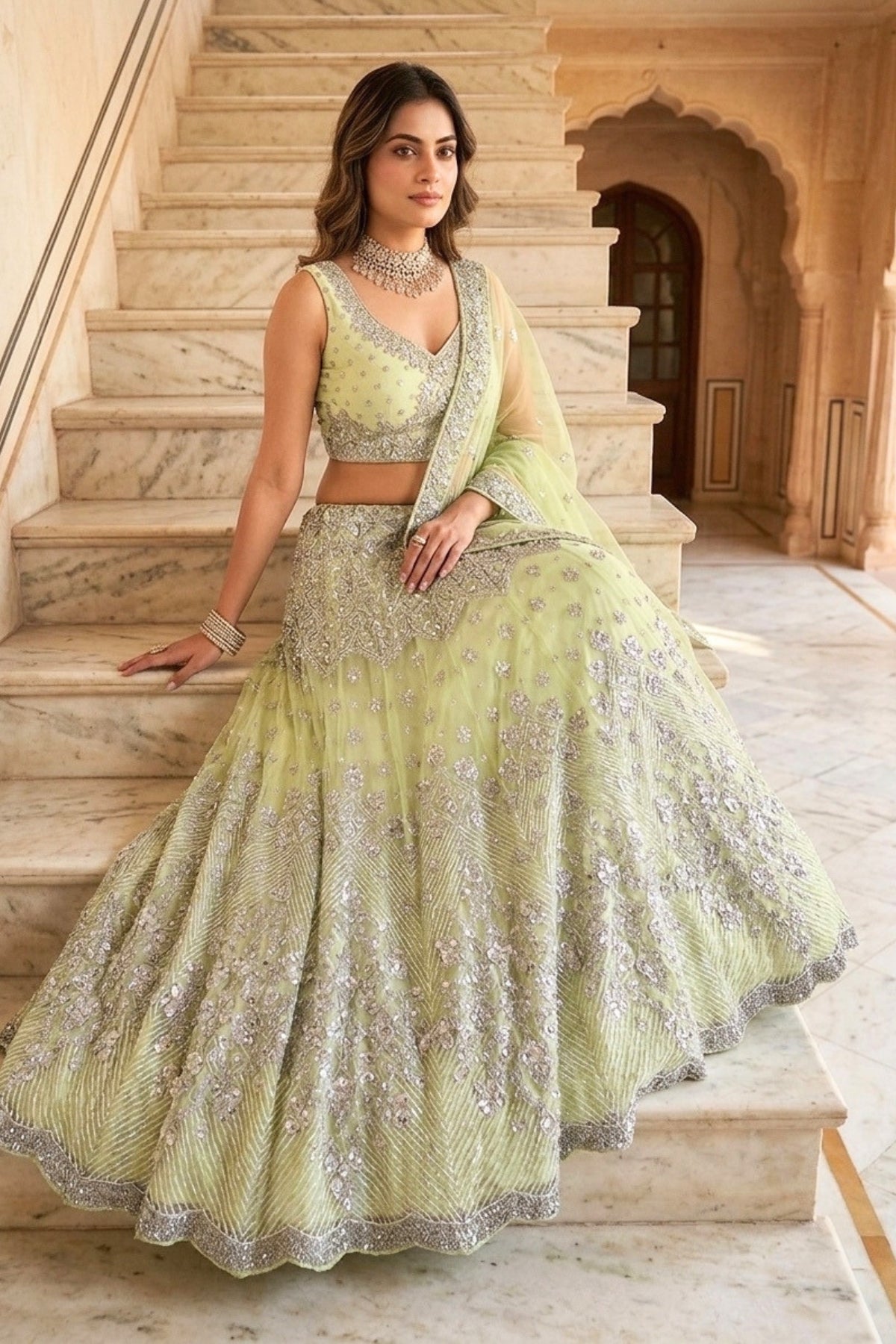 Semi-Stitched Butterfly Net Foil Mirror & Sequins Embroidered Lehenga Set