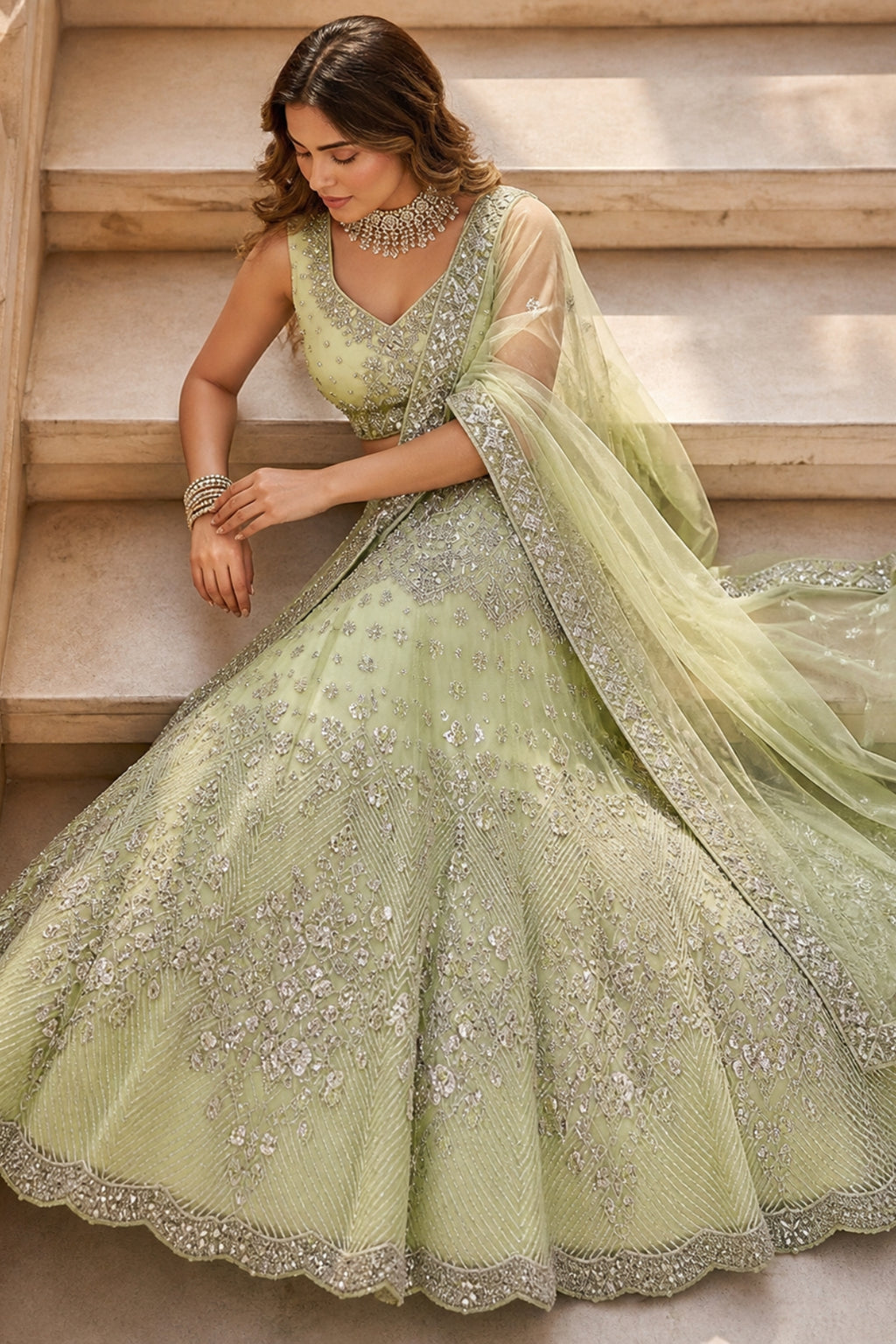 Semi-Stitched Butterfly Net Foil Mirror & Sequins Embroidered Lehenga Set