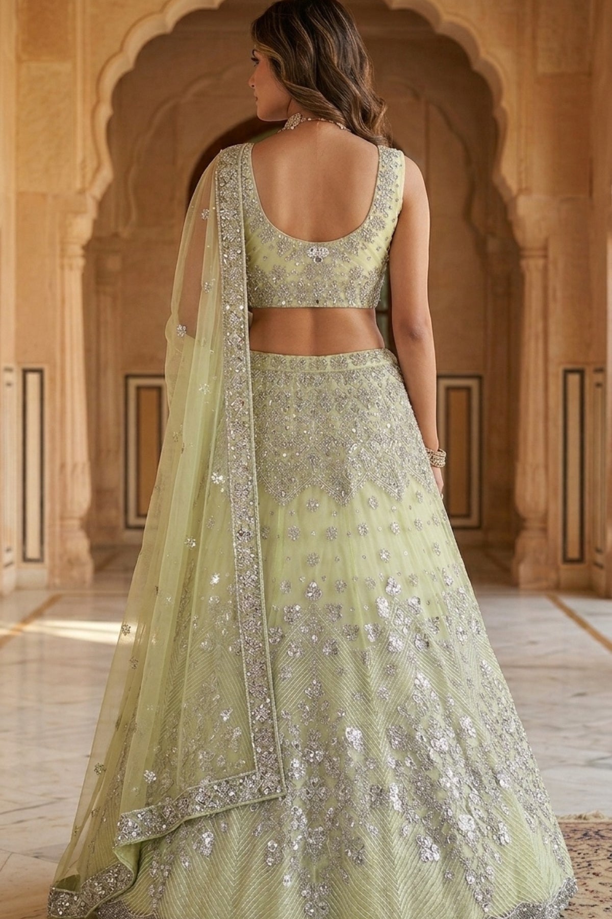 Semi-Stitched Butterfly Net Foil Mirror & Sequins Embroidered Lehenga Set