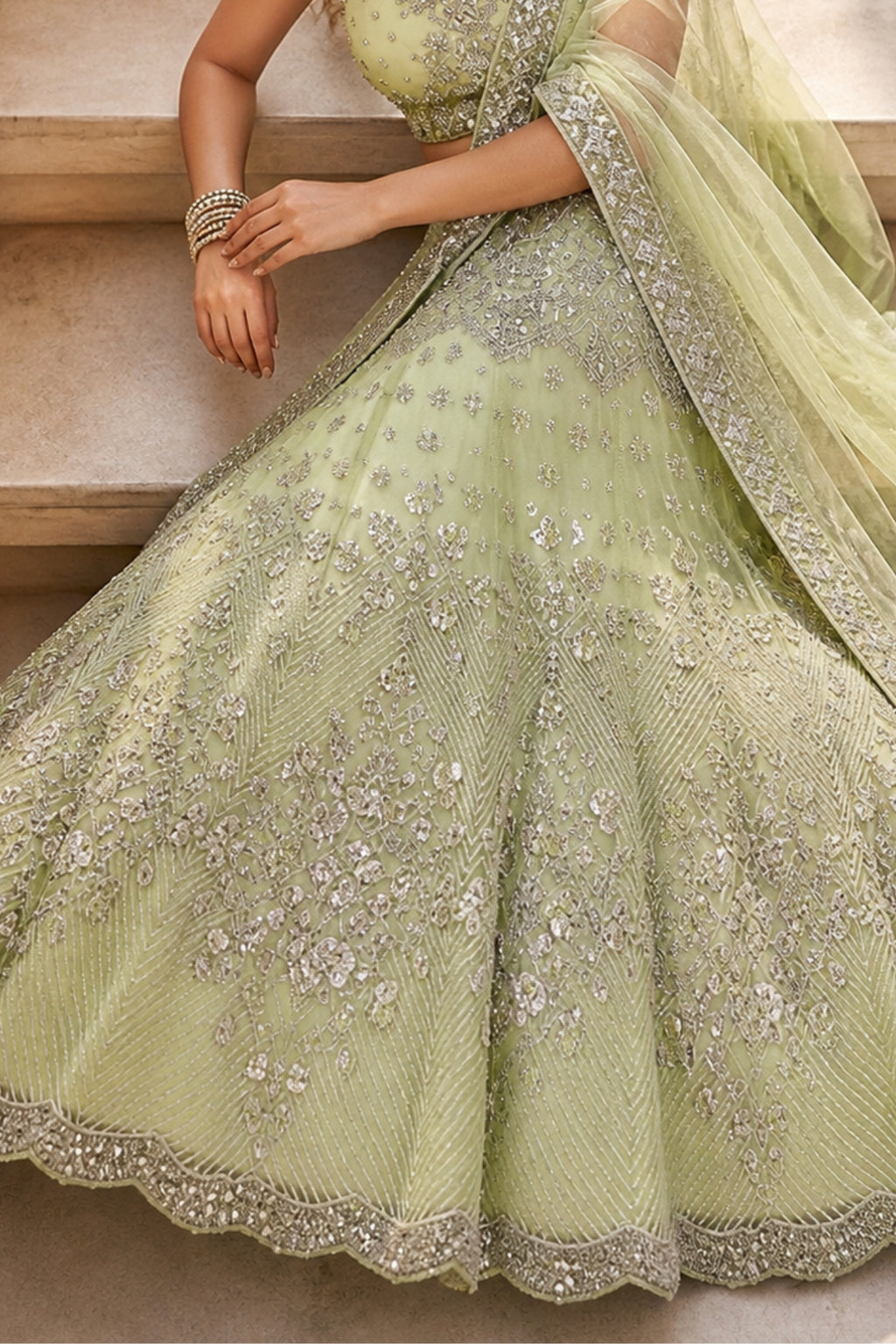 Semi-Stitched Butterfly Net Foil Mirror & Sequins Embroidered Lehenga Set
