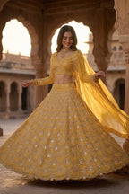 Semi-Stitched Faux Georgette Real Mirror & Sequins Embroidered Lehenga Set