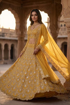 Semi-Stitched Faux Georgette Real Mirror & Sequins Embroidered Lehenga Set