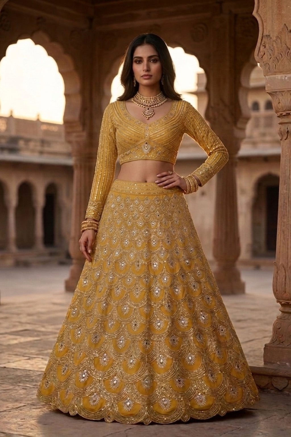 Semi-Stitched Faux Georgette Real Mirror & Sequins Embroidered Lehenga Set