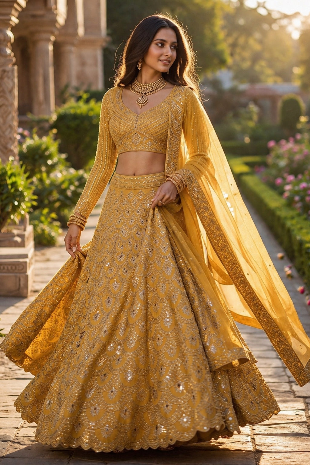 Semi-Stitched Faux Georgette Real Mirror & Sequins Embroidered Lehenga Set