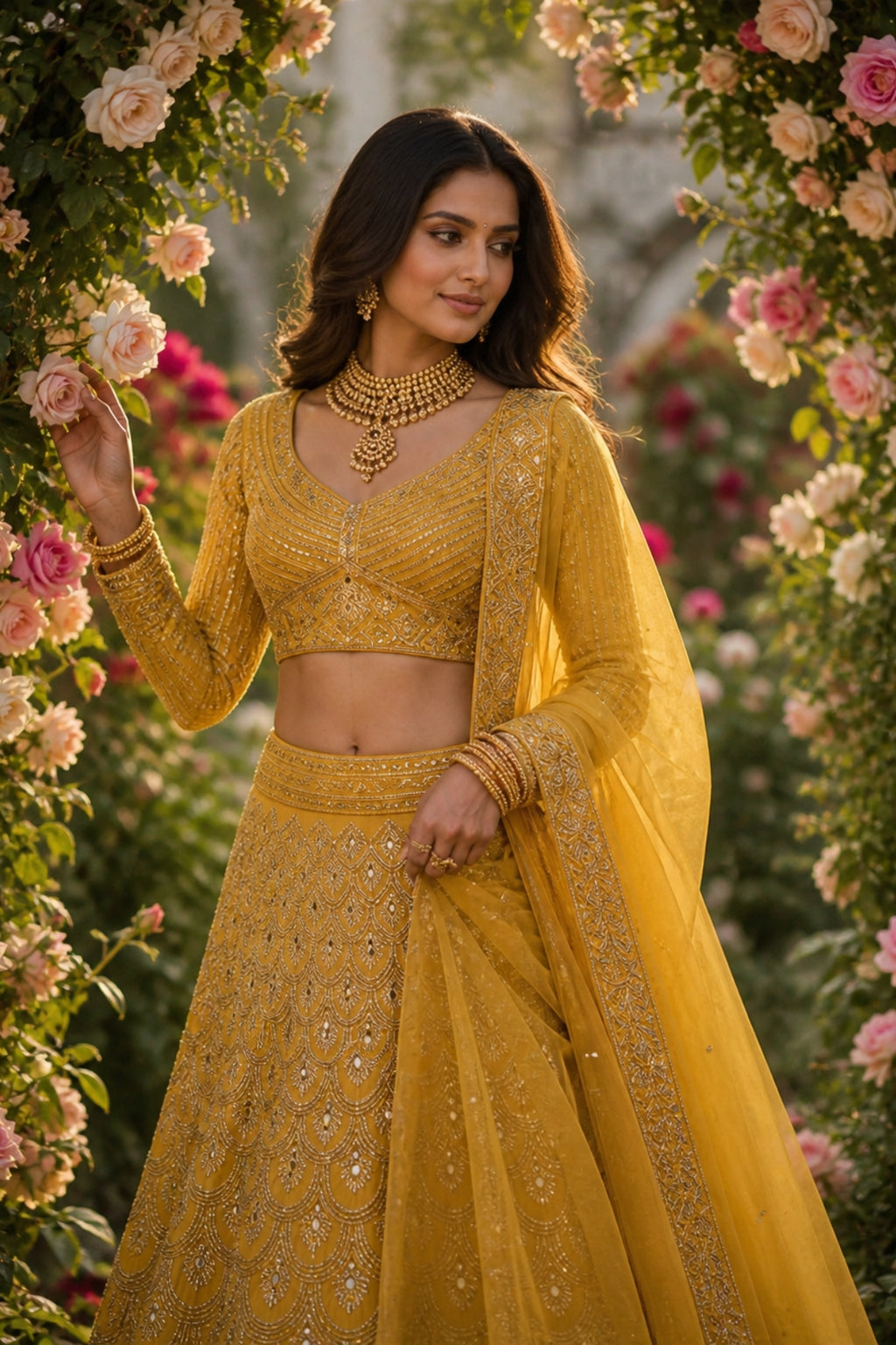 Semi-Stitched Faux Georgette Real Mirror & Sequins Embroidered Lehenga Set
