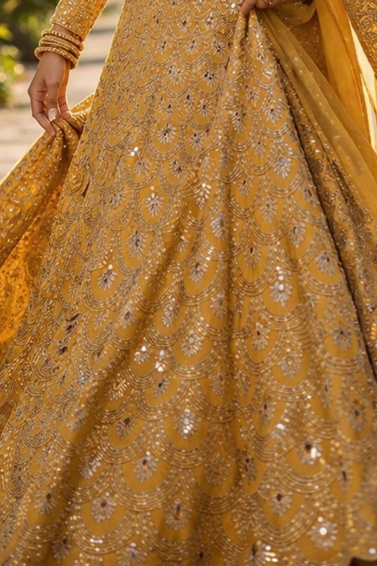 Semi-Stitched Faux Georgette Real Mirror & Sequins Embroidered Lehenga Set