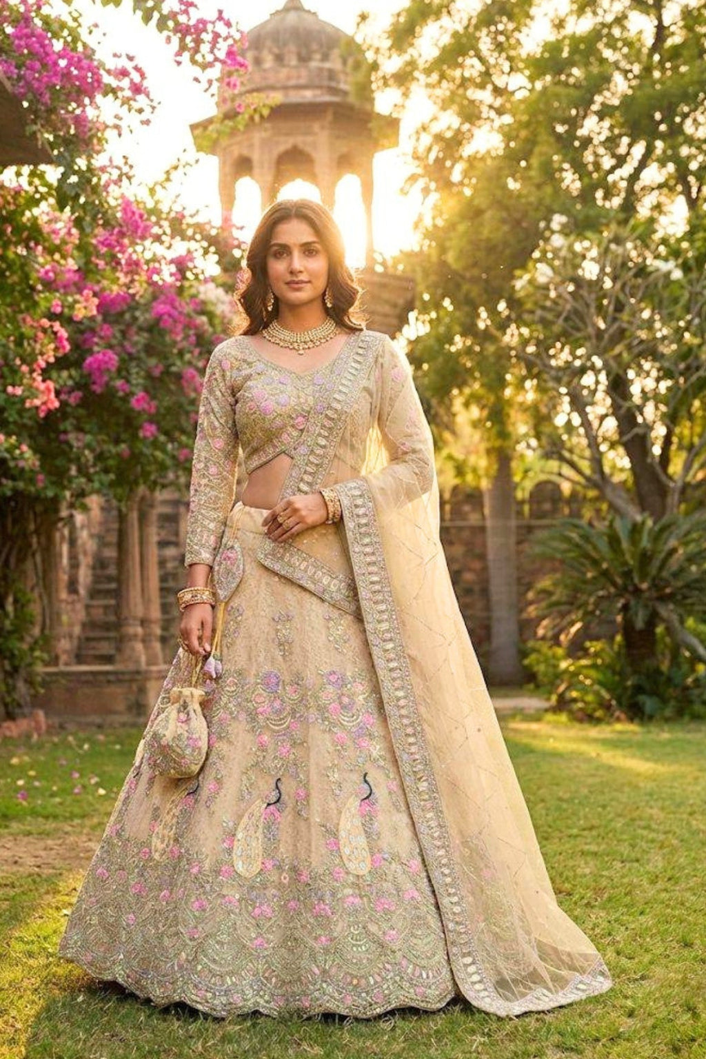 Beige sequins lehenga for wedding with butterfly net fabric