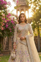 Beige sequins lehenga for wedding with butterfly net fabric