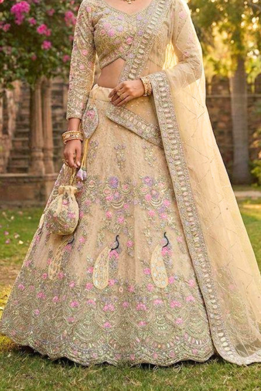 Beige sequins lehenga for wedding with butterfly net fabric