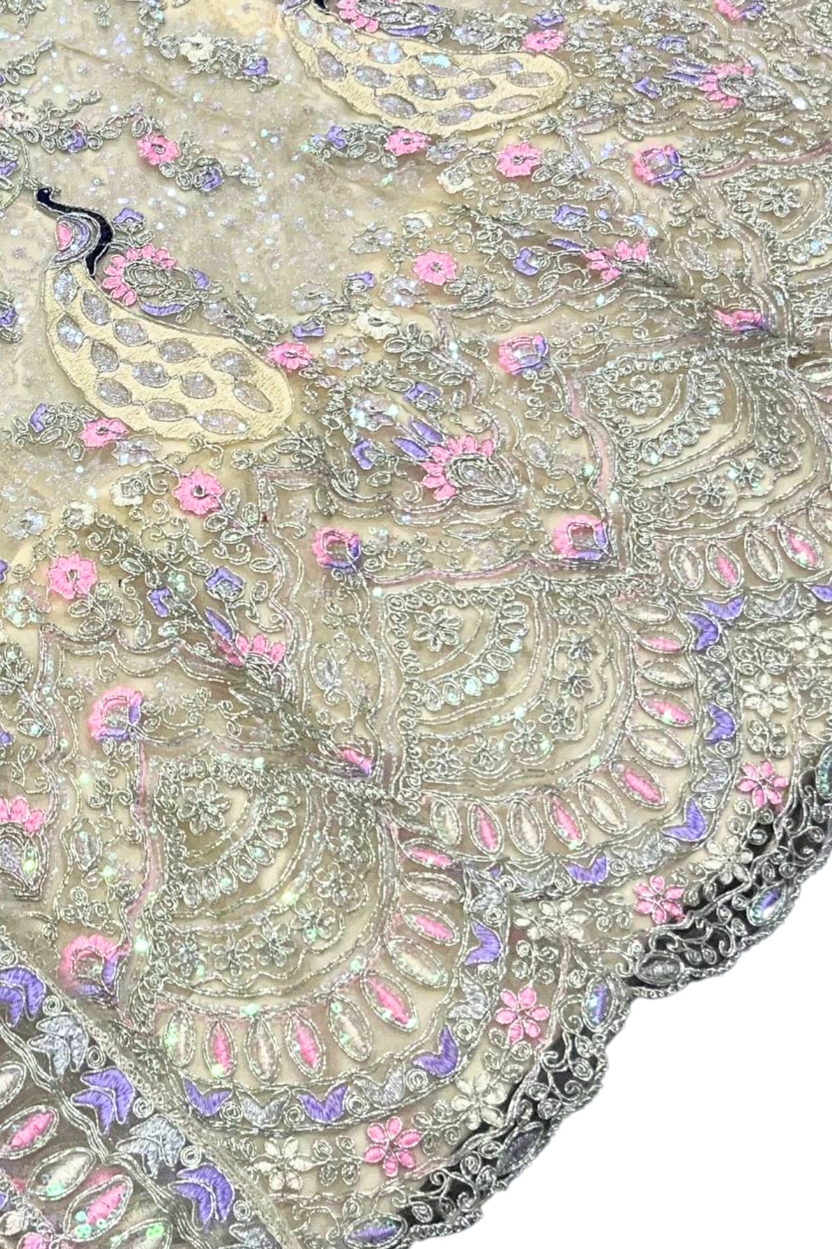 Beige sequins lehenga for wedding with butterfly net fabric