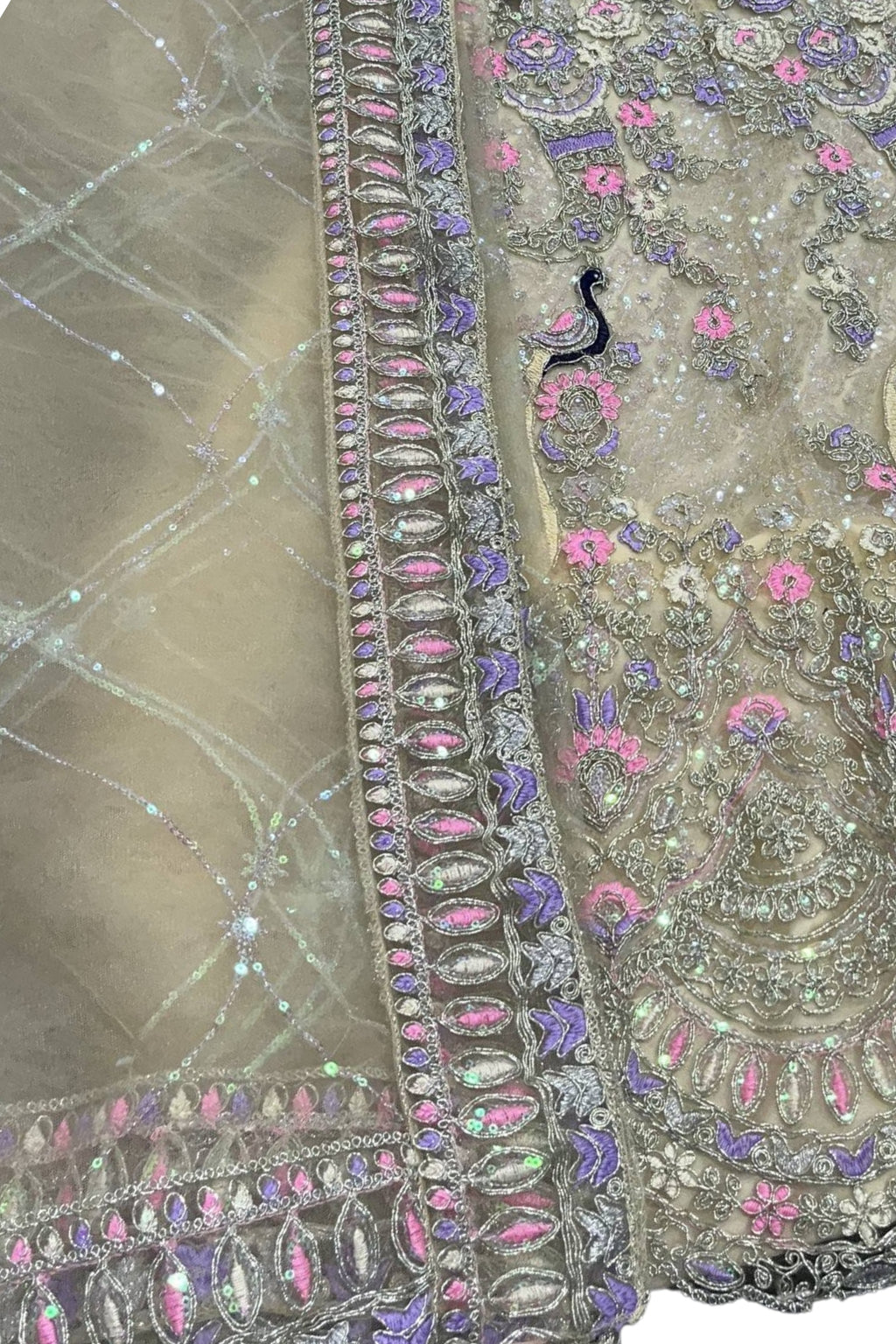 Beige sequins lehenga for wedding with butterfly net fabric