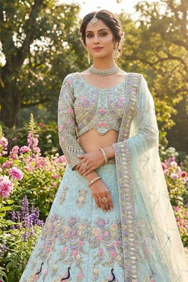 EETH Powder Blue Butterfly Net Lehenga with Coding Sequins Work for Wedding & Party Wear (Copy) Main Image