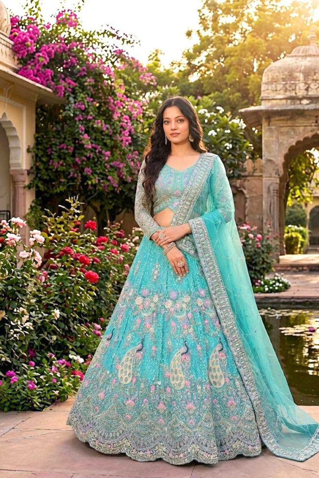 Blue butterfly net lehenga with coding sequins embroidery for wedding and party wear
 Hover Image