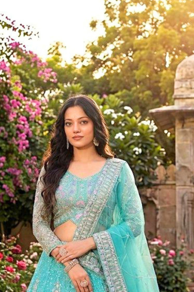 Blue Coding Sequins Work Butterfly Net Lehenga Set Main Image