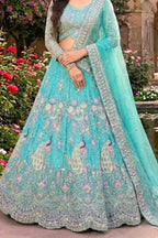 Blue butterfly net lehenga with coding sequins embroidery for wedding and party wear