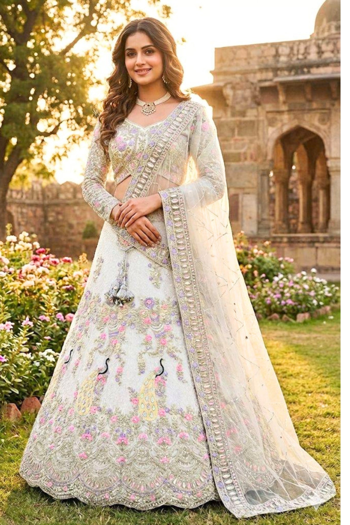 Ivory butterfly net lehenga with coding sequins embroidery for wedding and festive wear