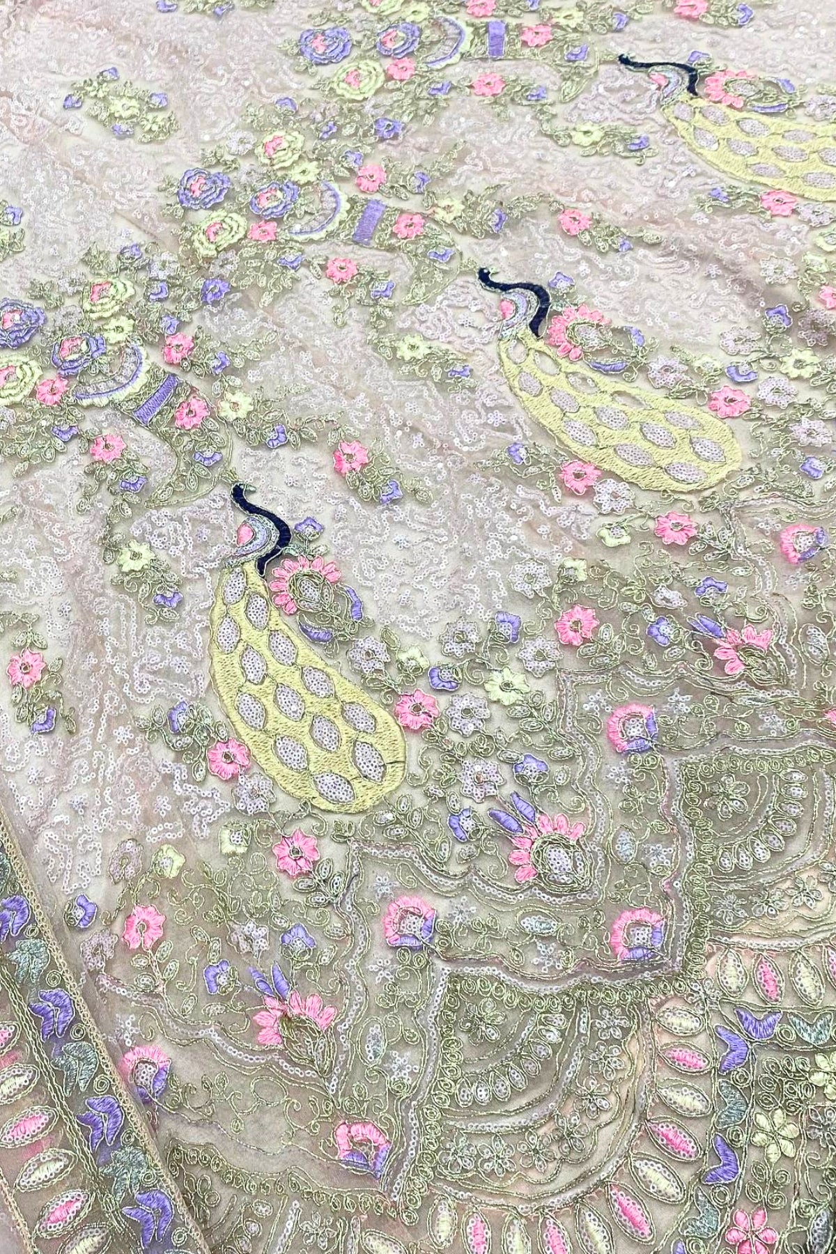 Ivory butterfly net lehenga with coding sequins embroidery for wedding and festive wear